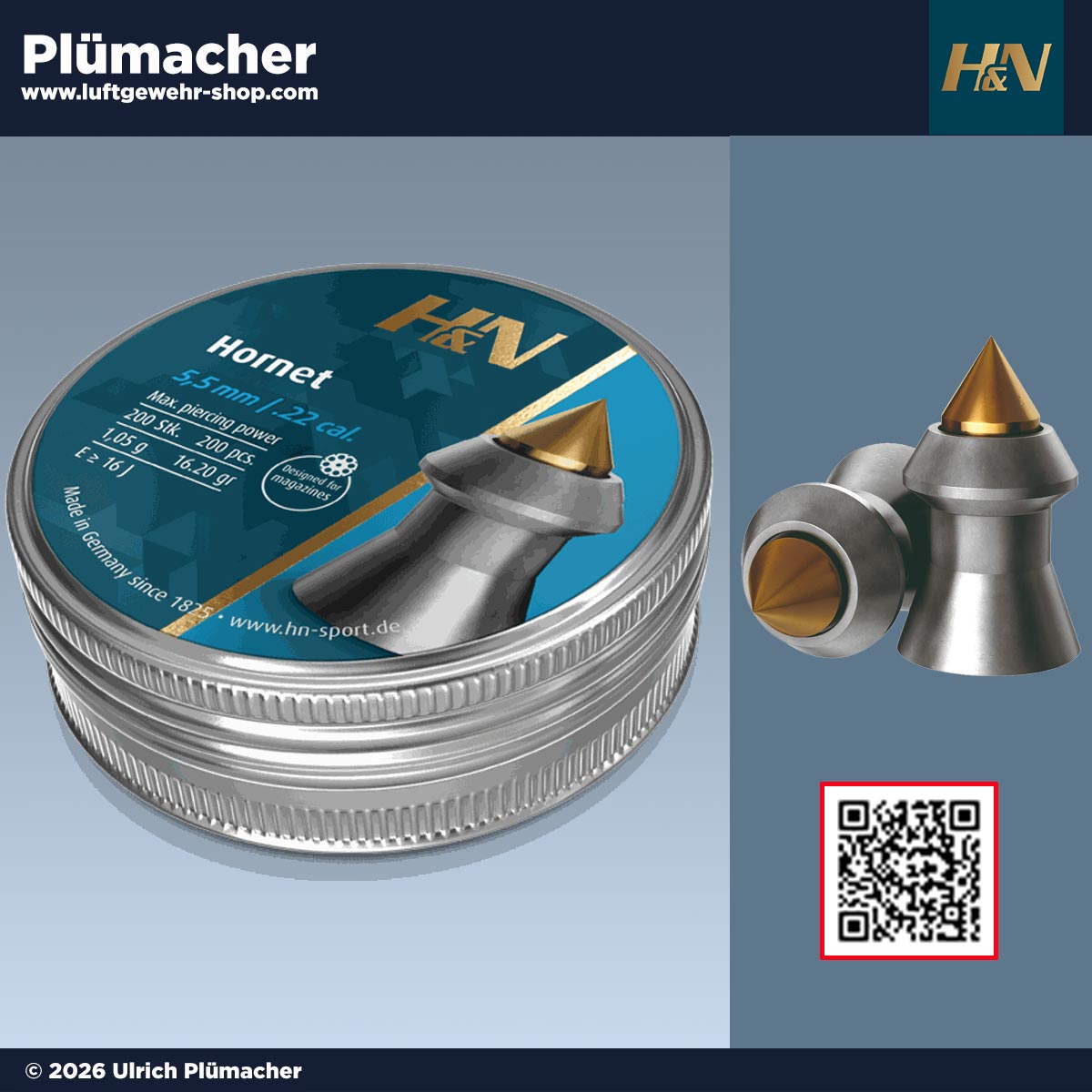 H&N Hornet Diabolos 5,5 mm (.22) mit integrierter Metallspitze – Luftgewehr Diabolos für die Jagd