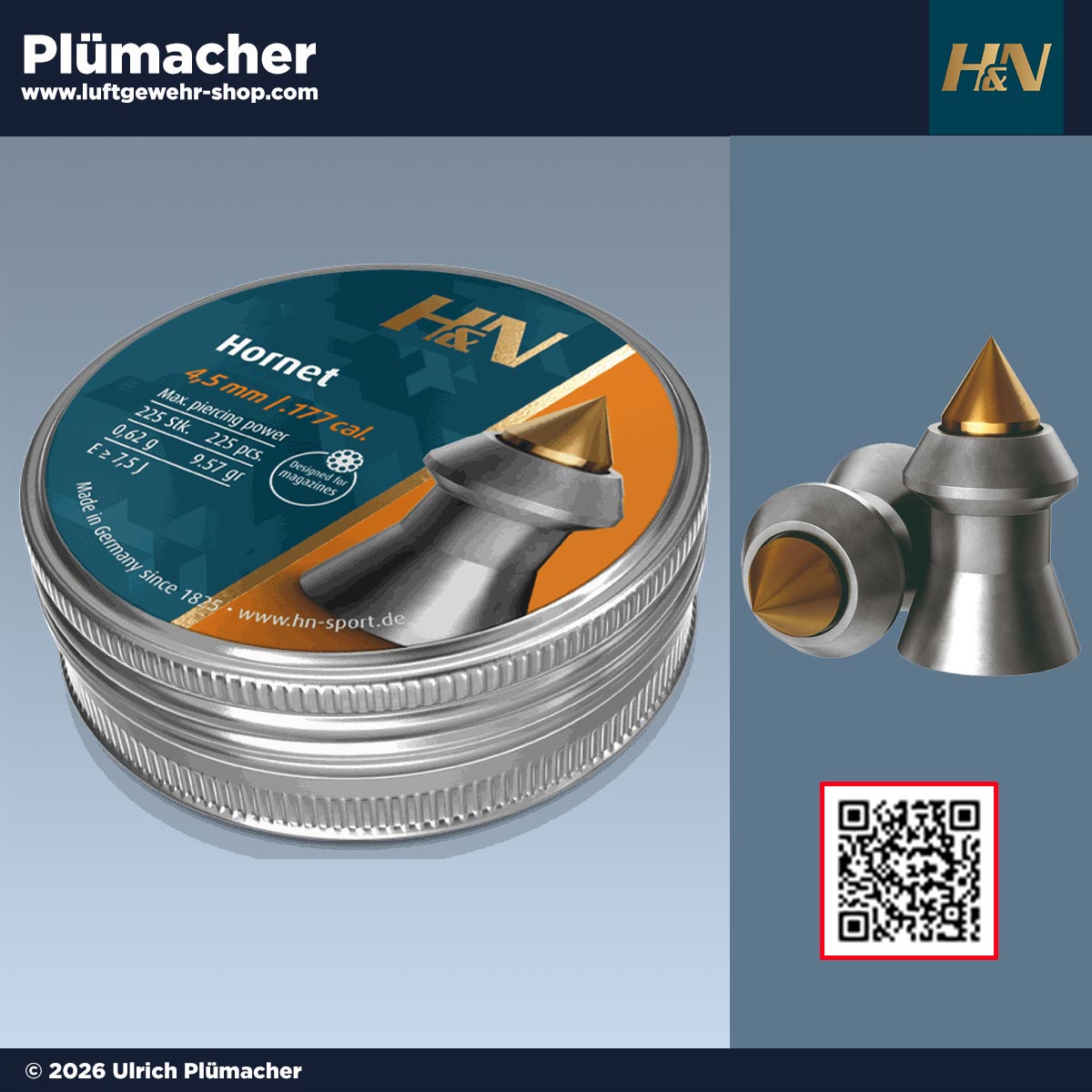 H&N Hornet Diabolos 4,5 mm (.177) mit integrierter Metallspitze – Luftgewehr Diabolos für die Jagd
