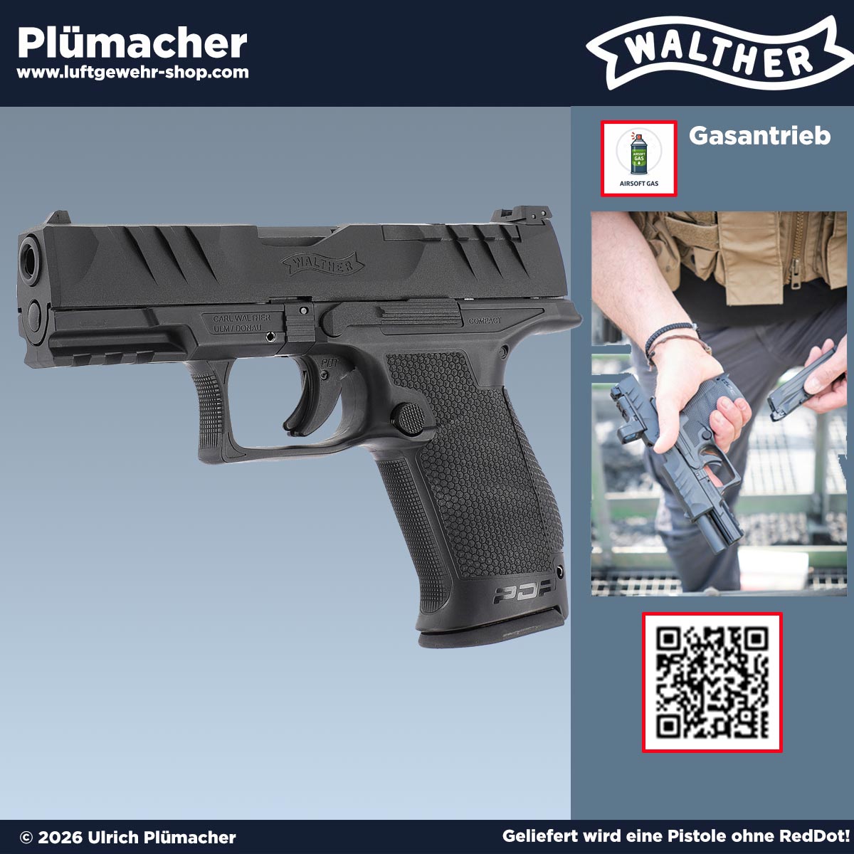 Walther PDP Compact 4 Zoll Softair und Airsoft Pistole cal. 6 mm BB mit Gas-Blowback und Metallschlitten