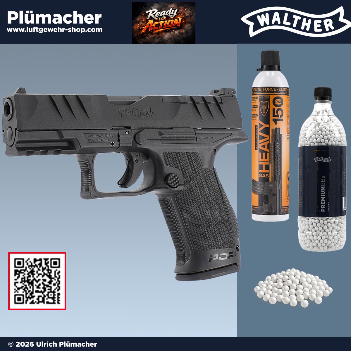 Walther PDP Compact 4 Zoll Softair und Airsoft Starterset mit Gas-Blowback Pistole, 5.000 BBs und Elite Force Heavy Gas
