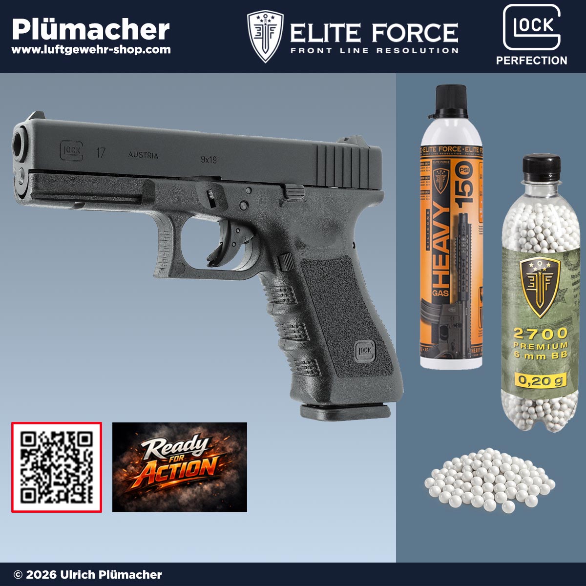 GLOCK 17 Softair und Airsoft Pistole cal. 6 mm BB als Starterset mit Gas Blowback, Bio BBs und Heavy Gas