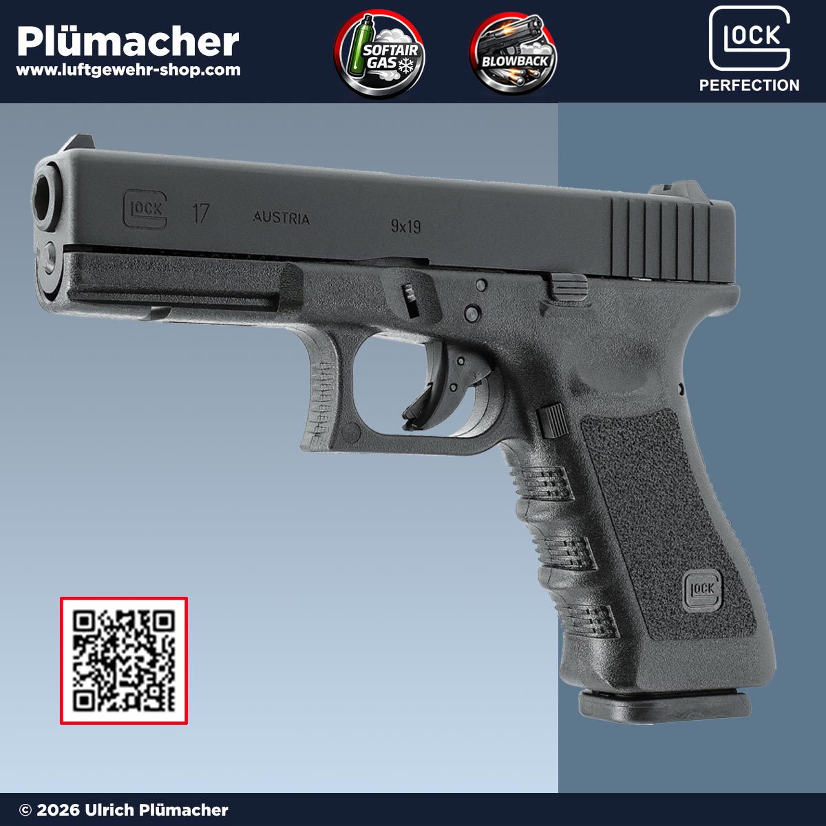 GLOCK 17 Gas Blowback Softair und Airsoft Pistole mit Metallschlitten im Kaliber 6 mm BB