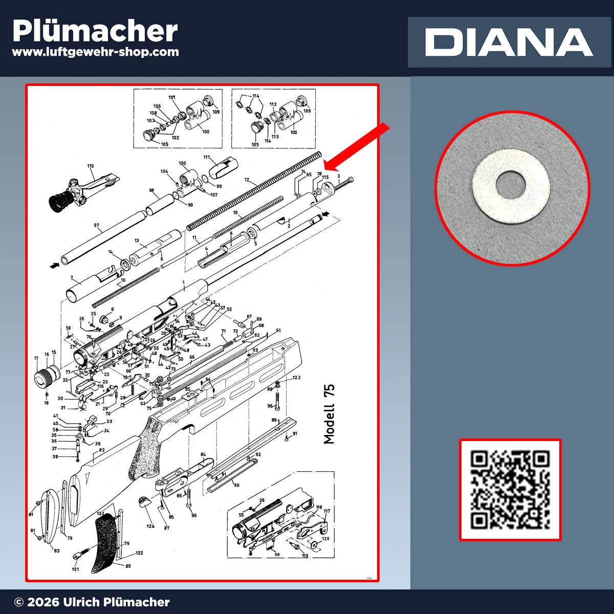 Distanzscheibe für Diana 75 und Diana 75 T01 Luftgewehre, Position 78 auf der Explosionszeichnung, als Höhenausgleich für die Vulkollanscheibe
