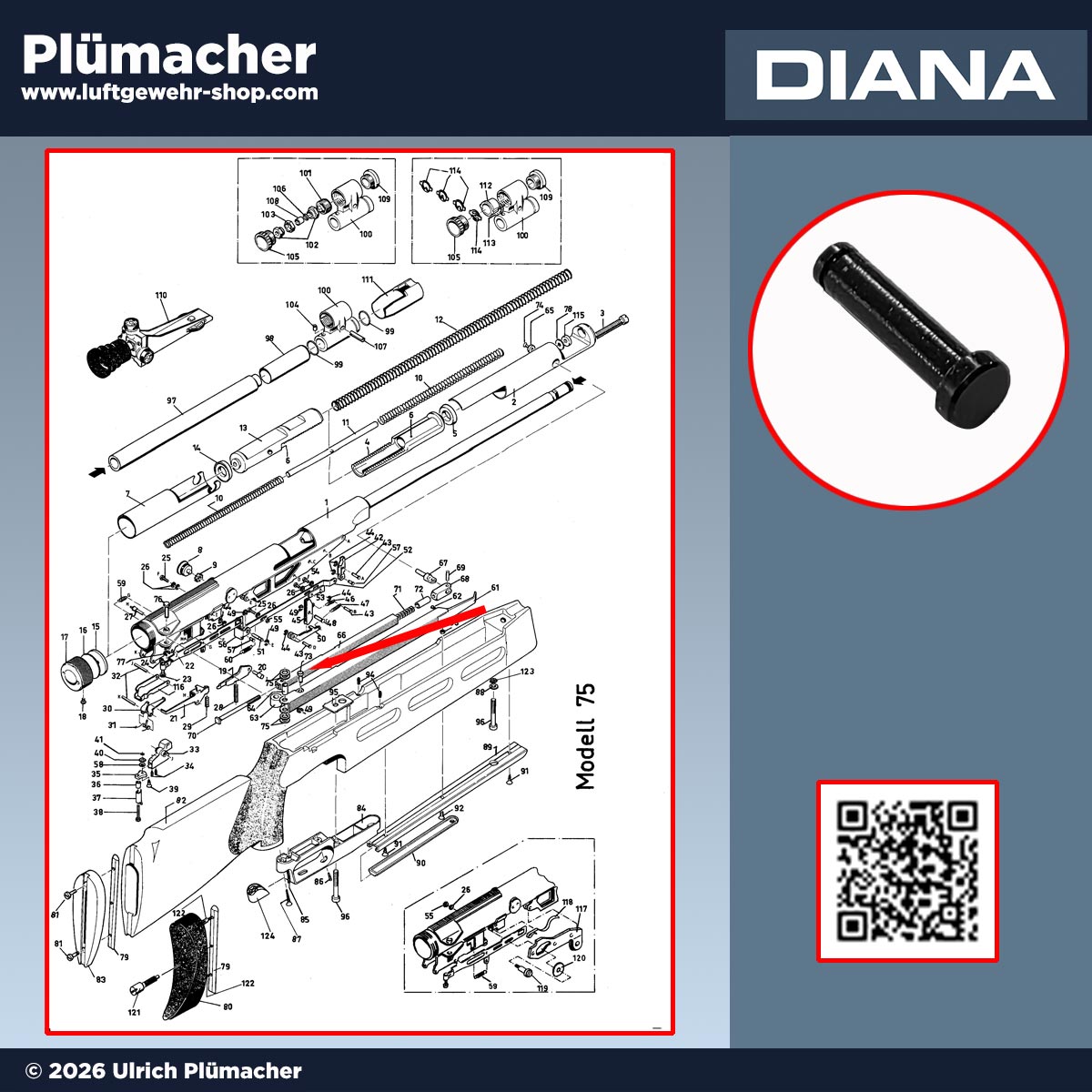Ersatzbolzen mit Nut für Diana Luftgewehre 48, 52, 54, 75, 75 T01 und 56TH zur Verbindung von Spannhebel und Zugstange