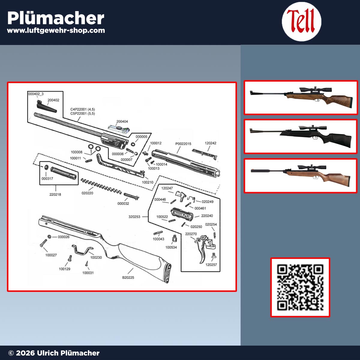 Tell Luftgewehr Ersatzteile für Tell 50, Tell 100, Tell 220, Tell 20 Compact, Tell 300 und Tell 400 zur Wartung und Reparatur
