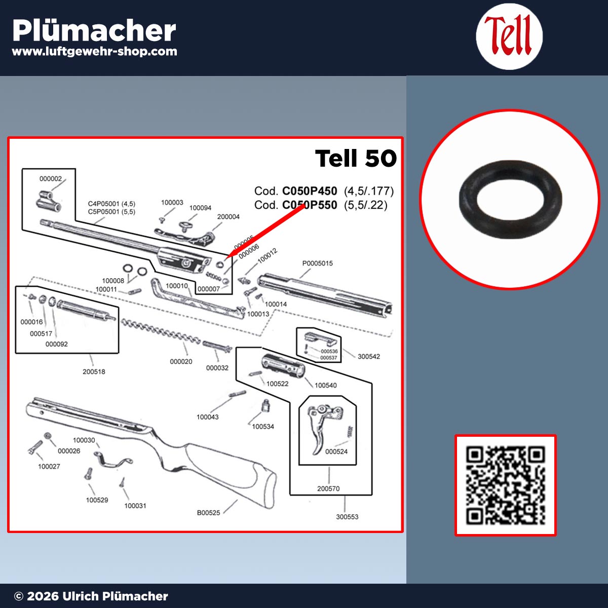 Tell Luftgewehr Laufdichtung passend für Tell 50, 100, 200, 220, 220 Composite, 220 Compact, 300 und 400 zur Leistungsoptimierung