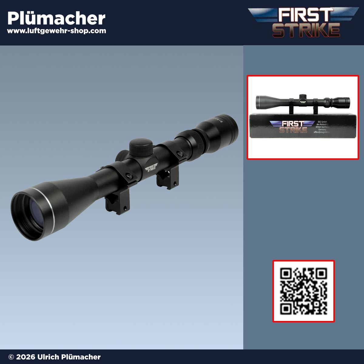 First Strike 3-9x40 Zielfernrohr für Luftgewehr mit variabler Vergrößerung und Montagen für 11 mm Prismenschiene und 22 mm Weaver