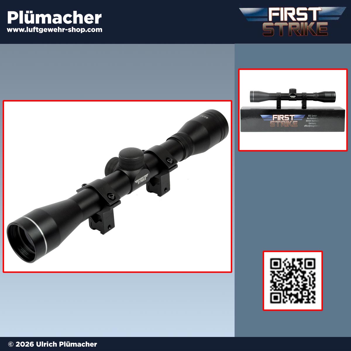 First Strike 4x32 Zielfernrohr für Luftgewehr mit fester 4-fach Vergrößerung, Montagen für 11 mm und 22 mm Weaver sowie Staubschutzkappen