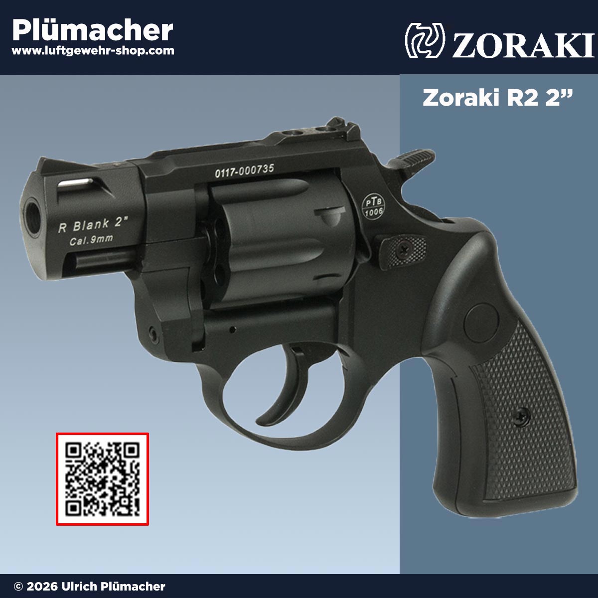 Zoraki R2 Schreckschussrevolver schwarz mit 2 Zoll Lauf im Kaliber 9 mm R inklusive Waffenkoffer, Abschussbecher und Reinigungsbürste