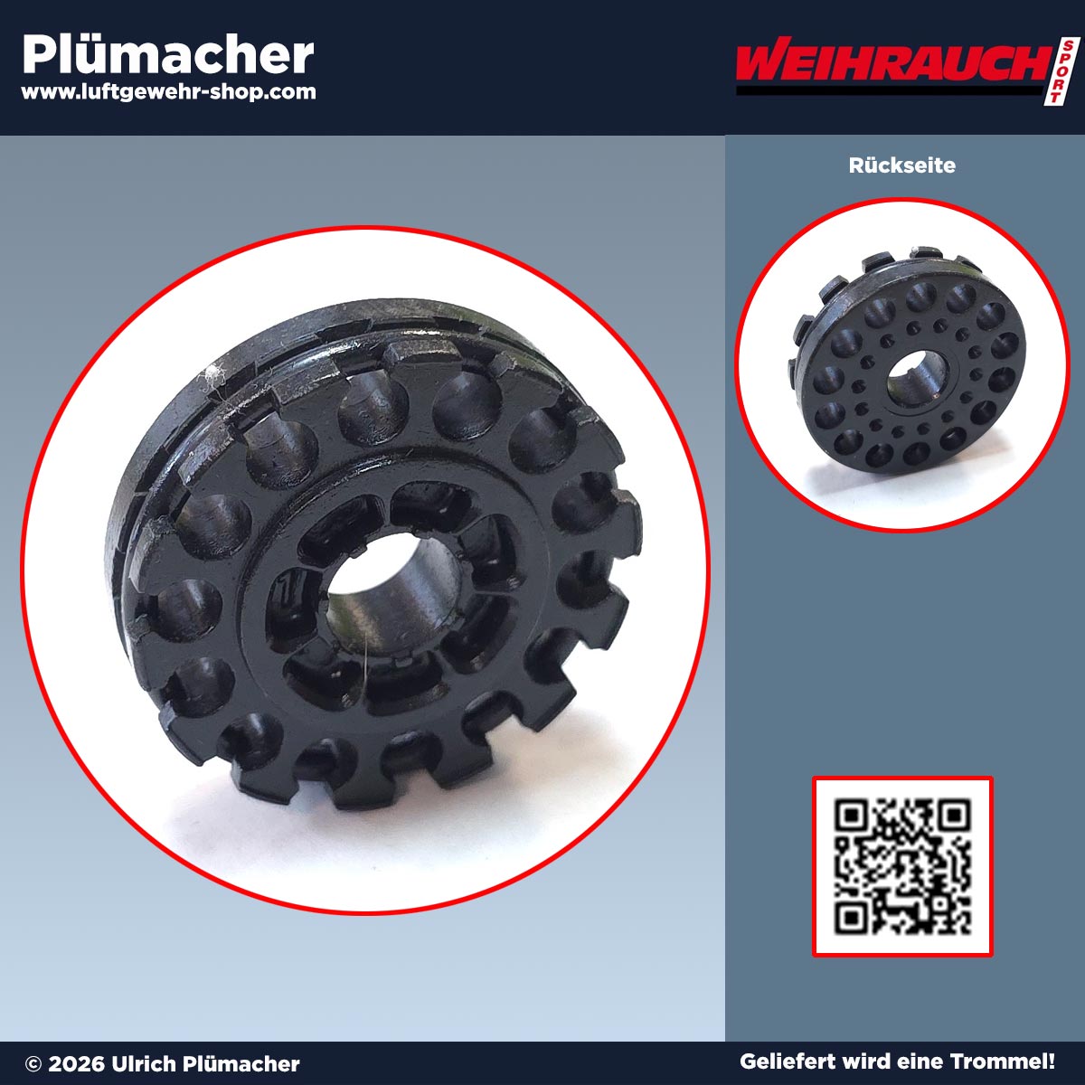Metallisches 14-Schuss-Trommelmagazin für Weihrauch HW 100 Pressluftgewehr im Kaliber 4,5 mm, original Ersatzmagazin mit präziser Trommelmechanik
