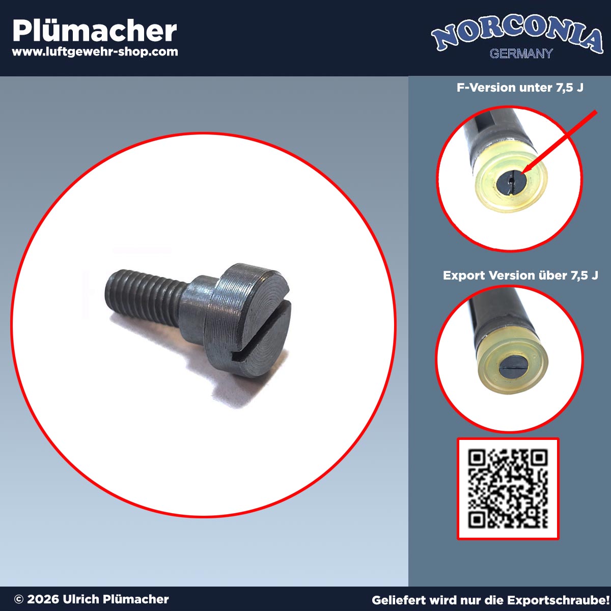 Norconia Exportschraube für B88 und B36 Luftgewehr im Vergleich zur durchbohrten F-Schraube – Darstellung montiert und unmontiert