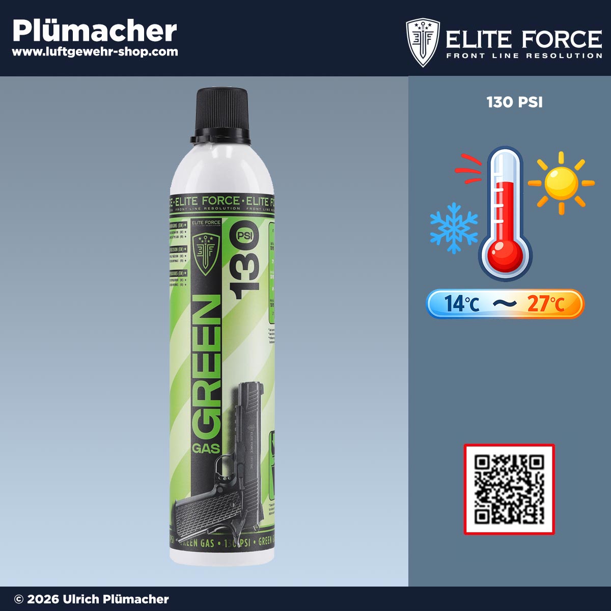 Elite Force Softair und Airsoft Green Gas 130 PSI 600 ml ohne Silikonöl für GBB Pistolen, optimale Leistung bei 14–27°C