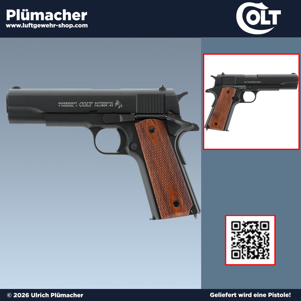 CO2 Pistole Colt 1911 Classic cal. 4,5 mm (.177) BB mit Blowback, Walnussholzgriffschalen und Vollmetallgehäuse