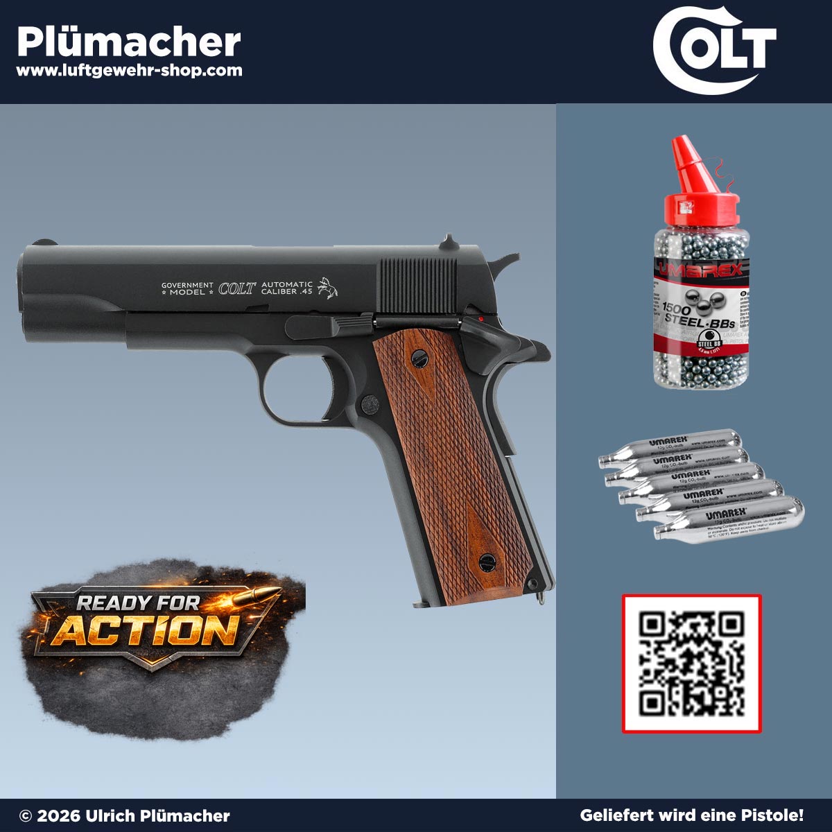 Ready to Action Set mit CO2 Pistole Colt 1911 Classic 4,5 mm BB inklusive 1500 Stahlrundkugeln und 5 CO2 Kapseln