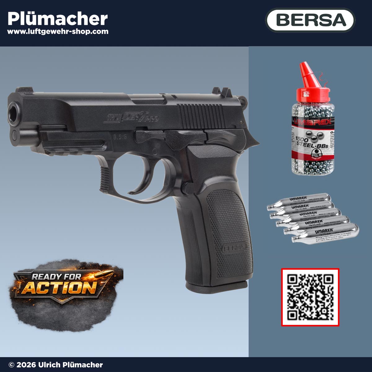 Bersa Thunder 9 Pro CO2 Pistole Set 4,5 mm BB inklusive 1500 Stahl BB und 5 Stück 12g CO2 Kapseln