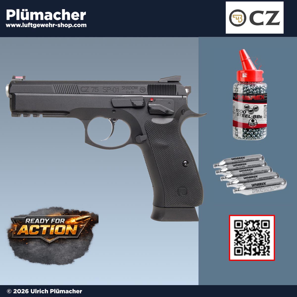 CZ SP-01 Shadow CO2 Pistole 4,5mm BB BlowBack Schwarz mit Stahl BB und CO2 Kapseln Set