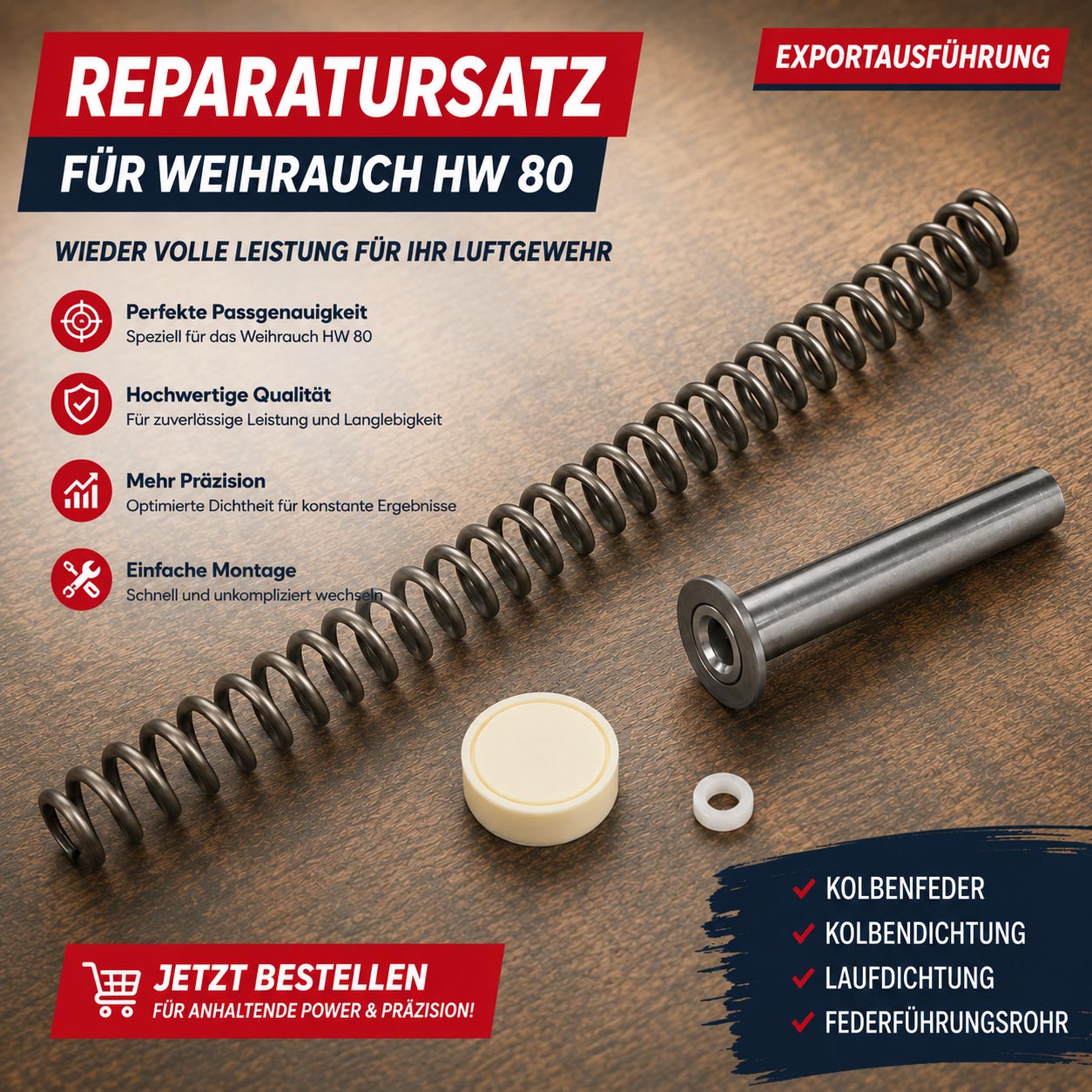 Reparatursatz Weihrauch HW 80 Exportausführung mit Kolbenfeder, Dichtungen und Federführungsrohr
