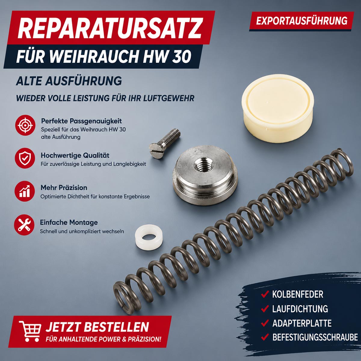 Reparatursatz Weihrauch HW 30 alte Ausführung Export - Kolbendichtung mit Adapterplatte, Exportfeder und Laufdichtung