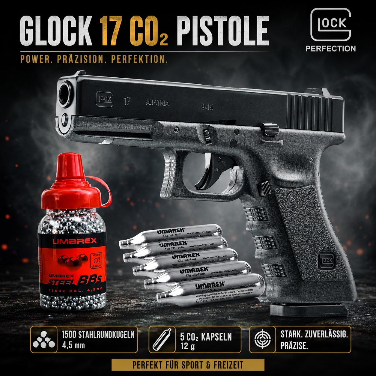 Glock 17 Starterset CO2 Pistole 4,5 mm BB mit BlowBack, Stahlrundkugeln und CO2 Kapseln