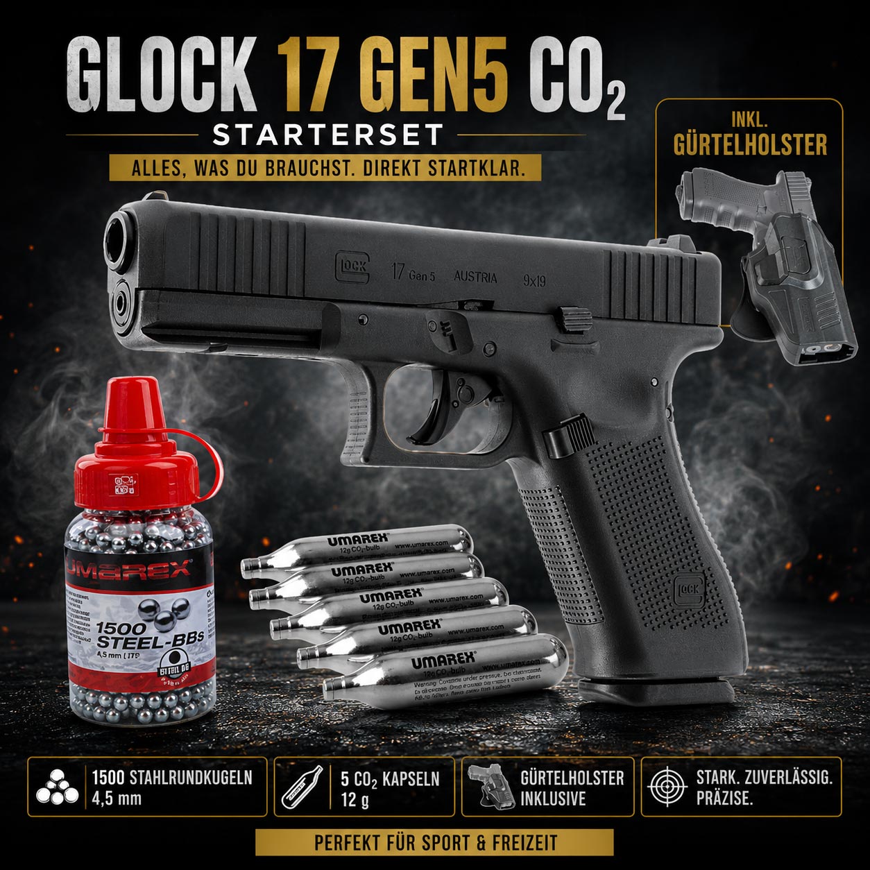 Glock 17 Gen5 CO2 Pistole 4,5 mm BB Starterset mit BlowBack, 1500 Stahlrundkugeln, 5 CO2 Kapseln und Gürtelholster