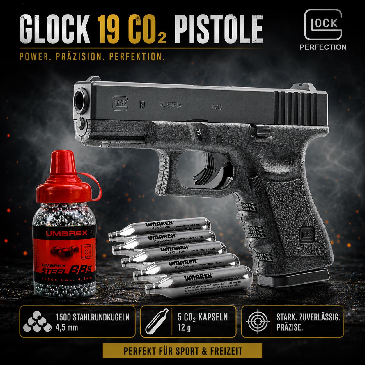 Glock 19 CO2 Pistole 4,5 mm BB Starter Set mit Metallschlitten, 1500 Stahlrundkugeln und 5 CO2 Kapseln
