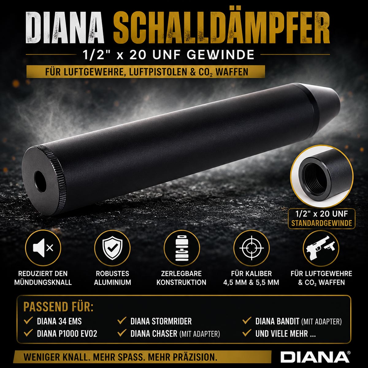 Diana Schalldämpfer mit 1/2 x 20 UNF Gewinde für Luftgewehre, Luftpistolen und CO2 Waffen Kaliber 4,5 mm und 5,5 mm