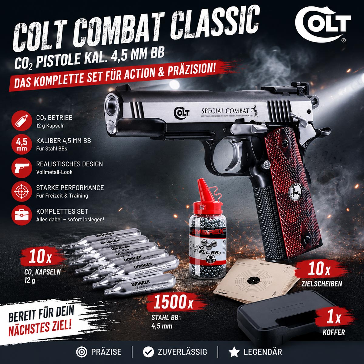 Colt Combat Classic CO2 Pistole Kaliber 4,5 mm BB mit 10 CO2 Kapseln, 1500 Stahlrundkugeln, 10 Zielscheiben und Waffenkoffer