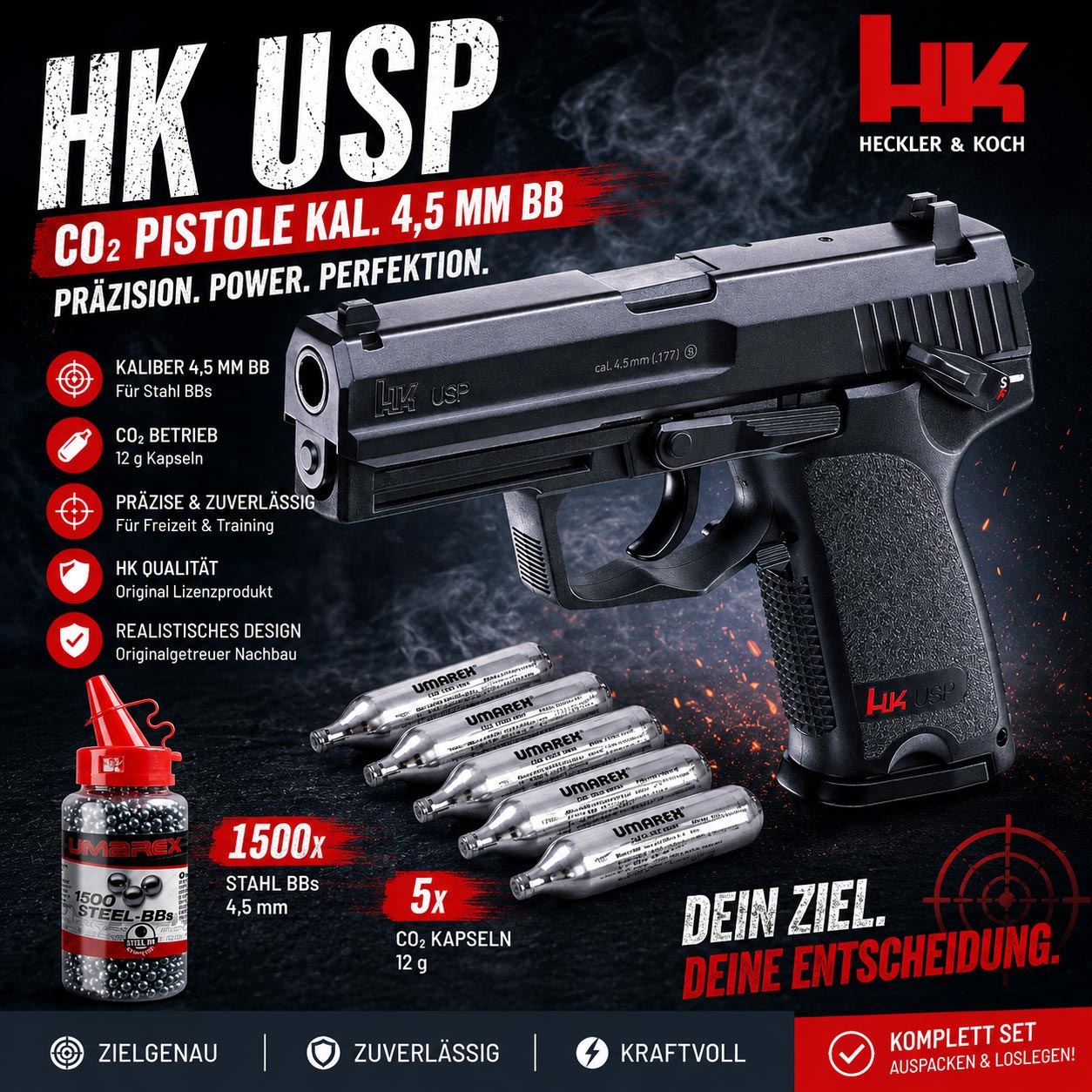 HK USP CO2 Pistole Kaliber 4,5 mm BB mit 5 CO2 Kapseln 12 g und 1500 Stahlrundkugeln