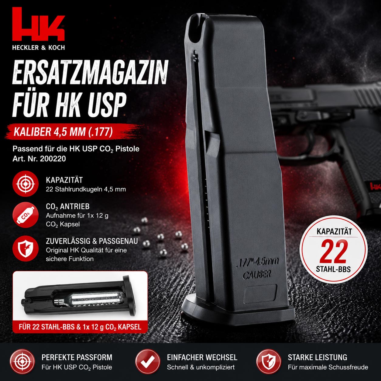 HK USP Ersatzmagazin für 22 Stahlrundkugeln 4,5 mm BB und 12 g CO2 Kapsel