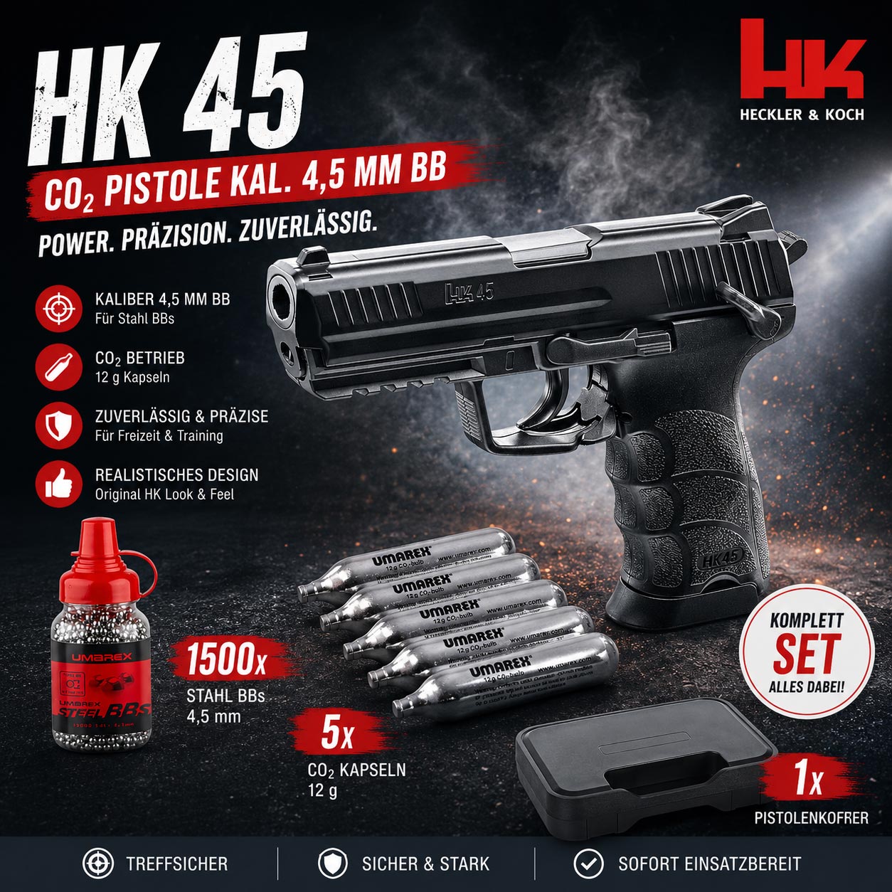 Heckler & Koch HK 45 CO2 Pistole Kaliber 4,5 mm BB im Komplettset mit 5 CO2 Kapseln, 1500 Stahlrundkugeln und Pistolenkoffer