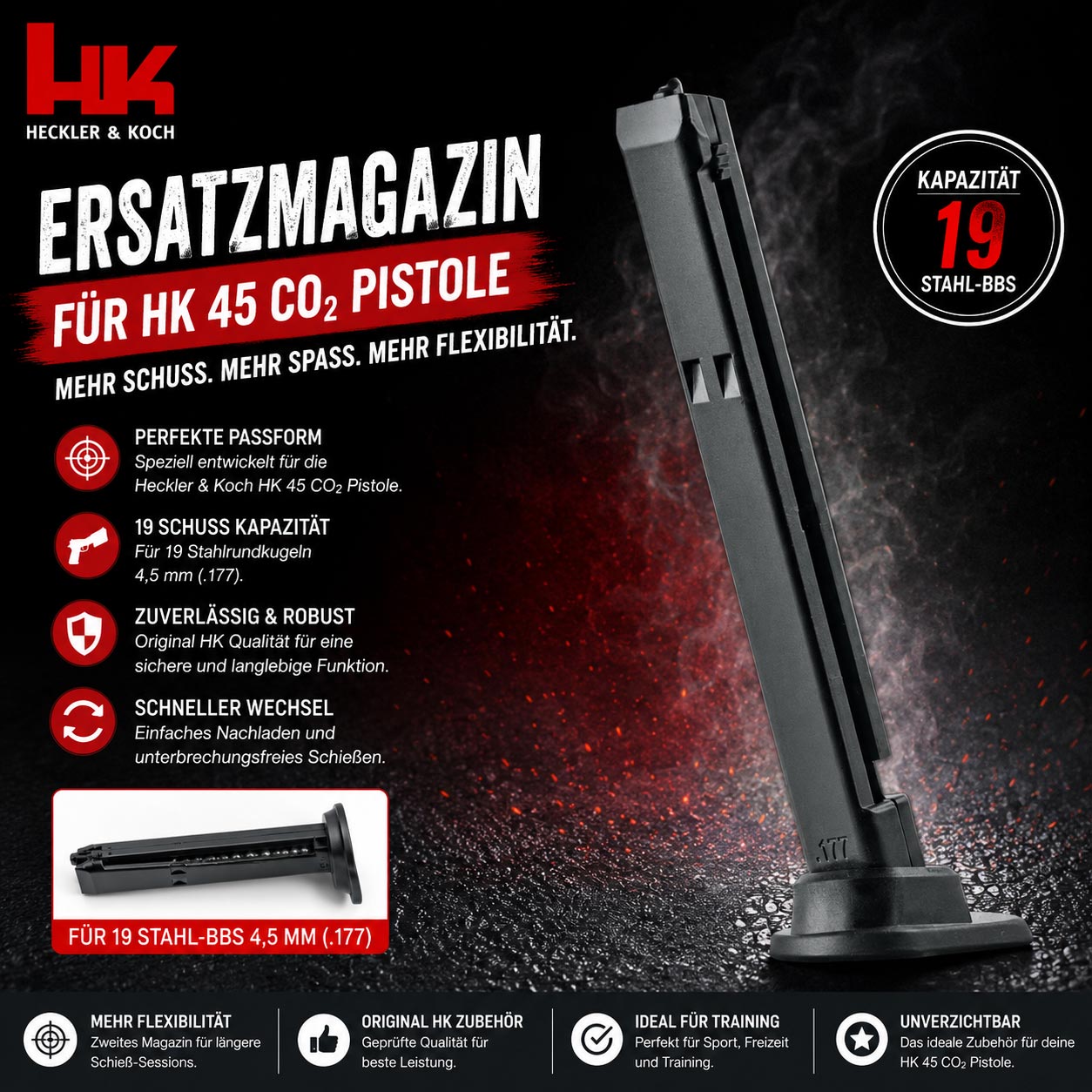 Heckler & Koch HK 45 Ersatzmagazin für 19 Stahlrundkugeln Kaliber 4,5 mm BB passend für Art. 200223
