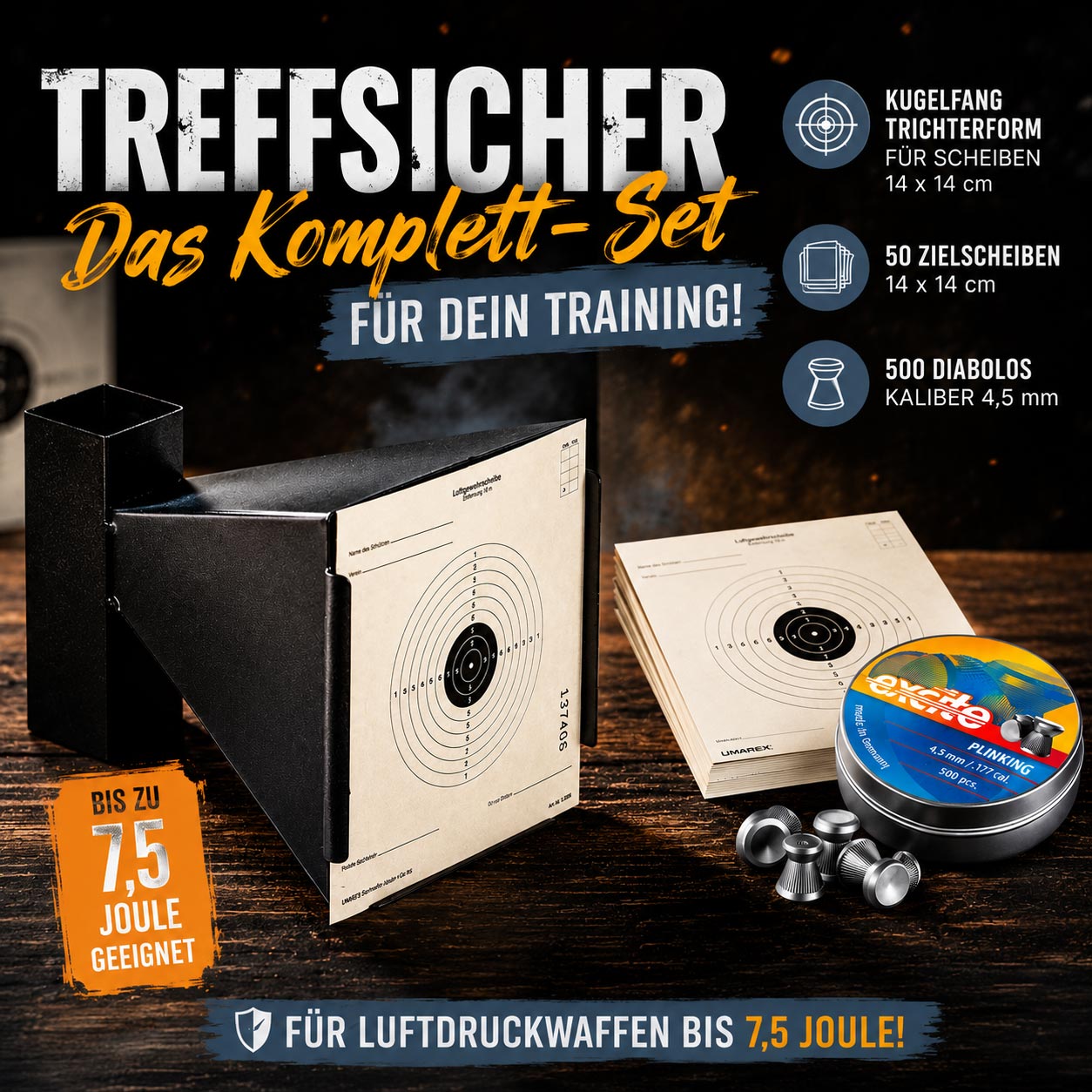 Kugelfang Trichterform für 14x14 cm Zielscheiben mit 50 Zielscheiben und 500 Diabolos Kaliber 4,5 mm für Luftdruckwaffen bis 7,5 Joule