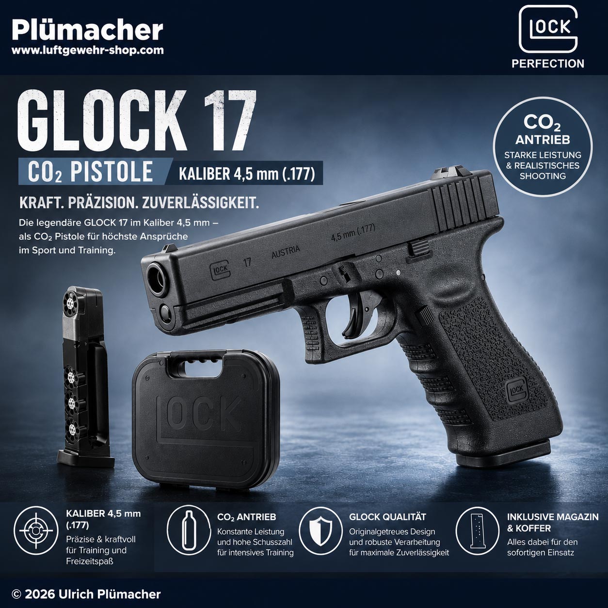 GLOCK 17 CO₂ Pistole Kaliber 4,5 mm Diabolo mit Trommelmagazin und original GLOCK Waffenkoffer