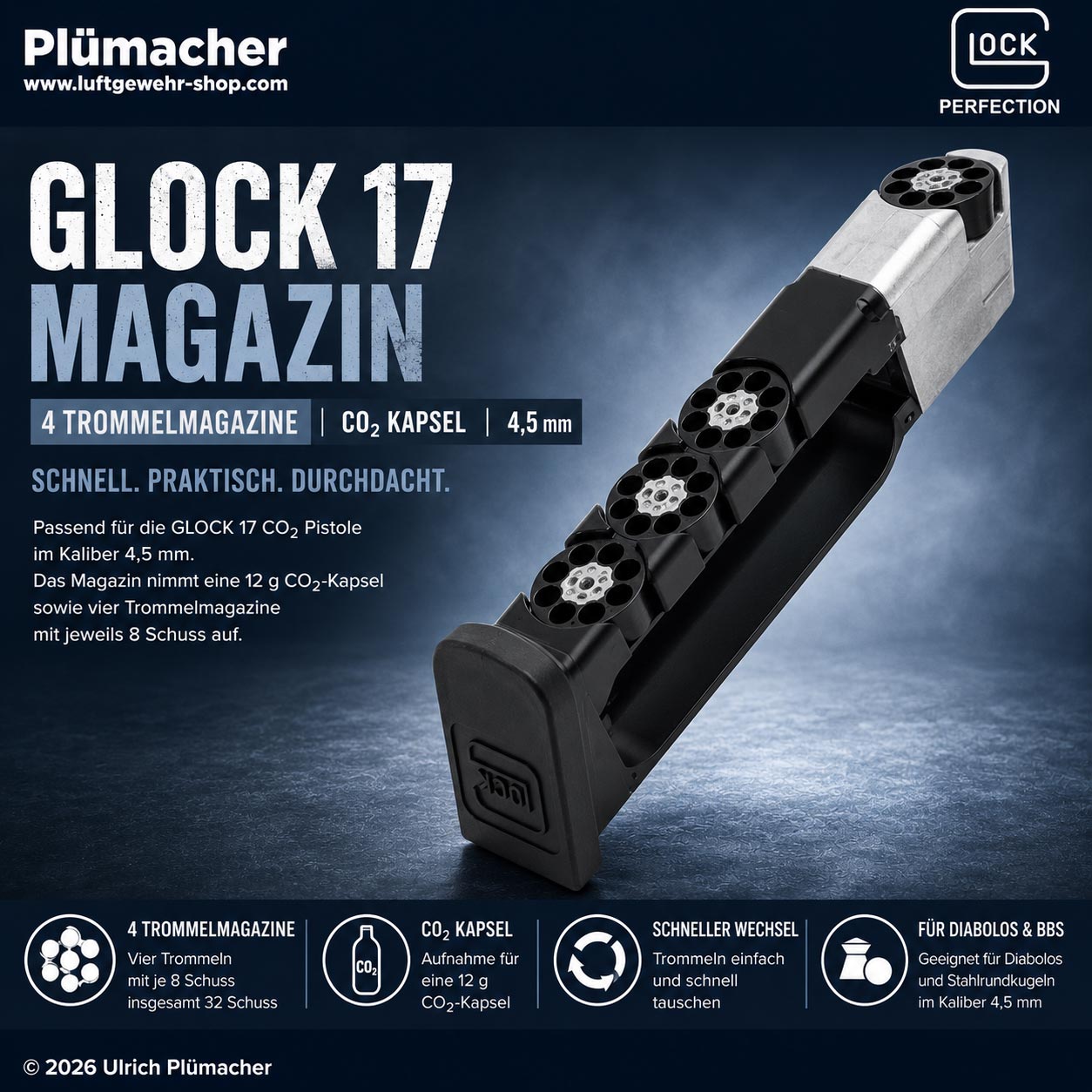Original GLOCK 17 Magazin Art. 200198 mit vier 8-Schuss-Trommelmagazinen und Aufnahme für 12 g CO₂-Kapsel