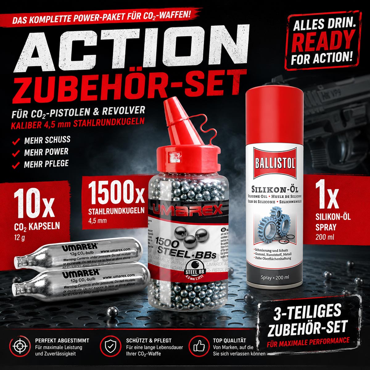 Action Zubehör Set mit 1500 Stahlrundkugeln 4,5 mm BB, 10 CO2 Kapseln und 200 ml Silikon Öl Spray