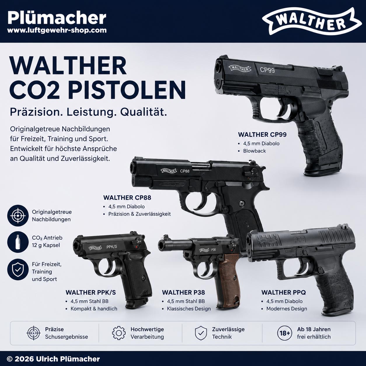 Walther CO2 Pistolen und CO2 Waffen im Kaliber 4,5 mm