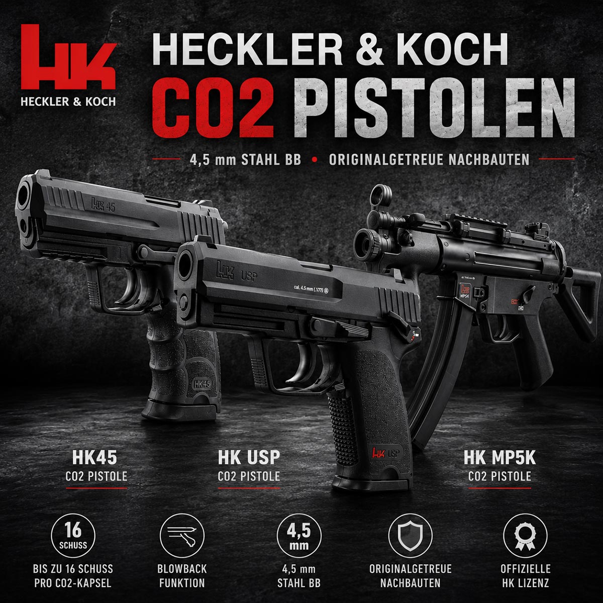Heckler & Koch CO2 Pistolen HK USP | HK45 | VP 9 und MP5 K-PDW