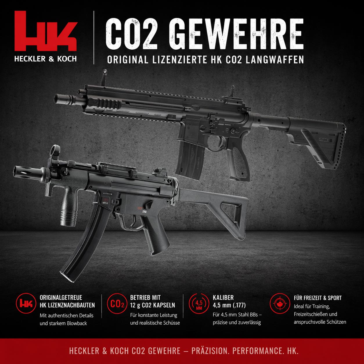 Heckler & Koch CO2 Gewehre mit den Modellen HK416 und MP5 K-PDW im Kaliber 4,5 mm BB