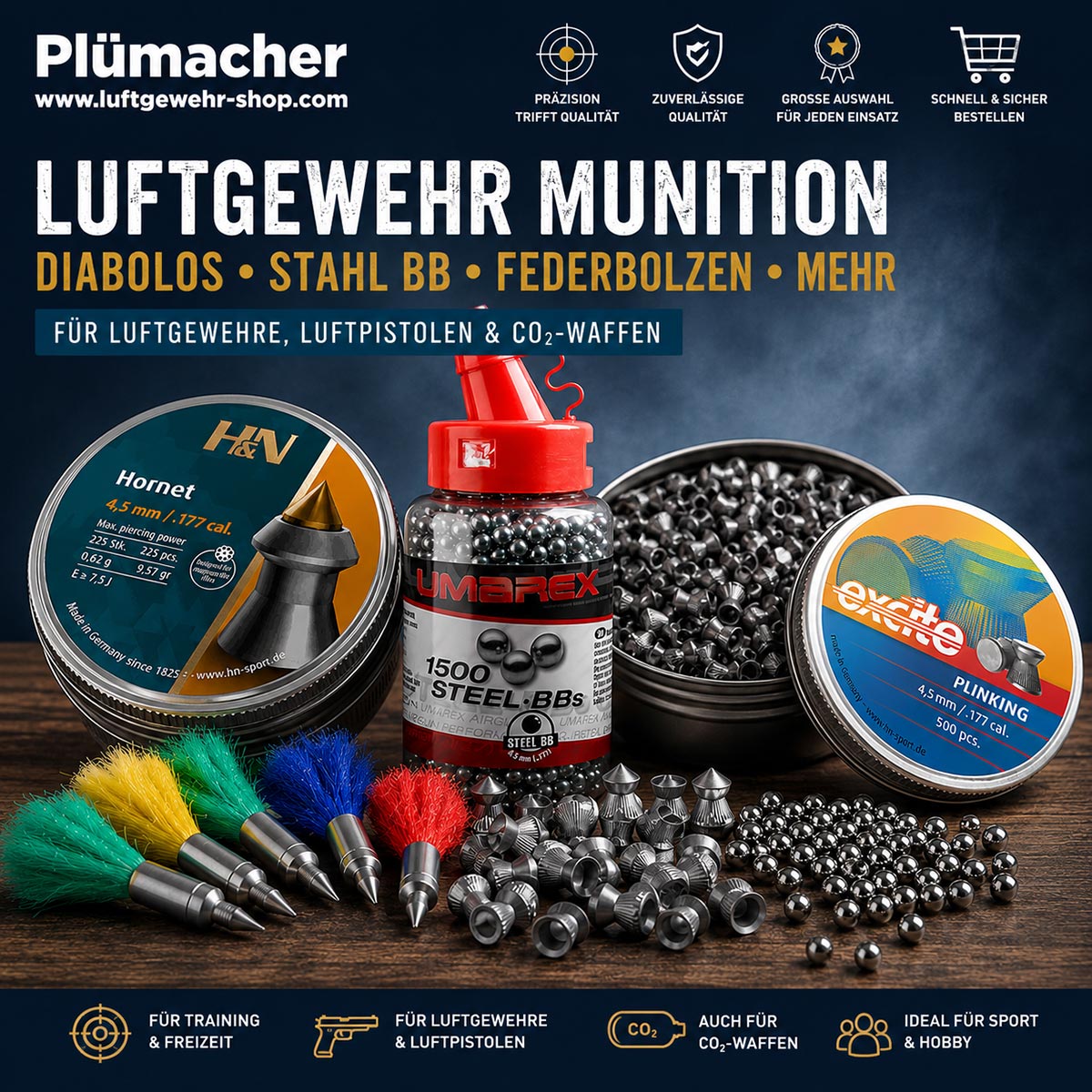 Luftgewehr Munition mit Diabolos, Stahl BB und Federbolzen für Luftgewehre, Luftpistolen und CO2-Waffen in 4,5 mm und 5,5 mm
