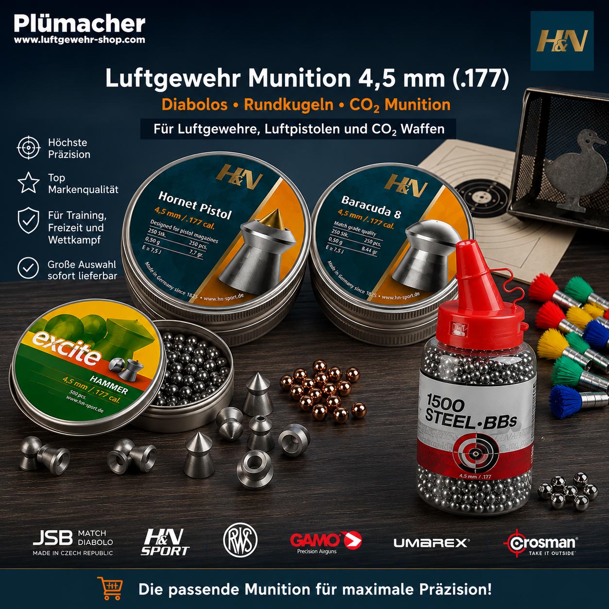 Verschiedene 4,5-mm-Diabolos, Stahlrundkugeln und BB-Munition für Luftgewehre, Luftpistolen und CO2-Waffen