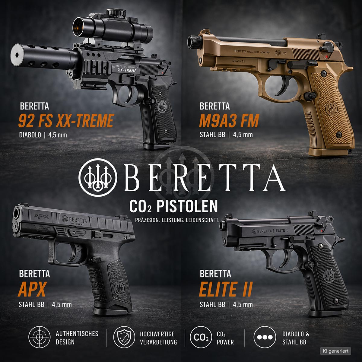 Beretta CO2 Pistolen mit Beretta 92 FS XX-Treme, M9A3 FM, APX und Elite II im Kaliber 4,5 mm