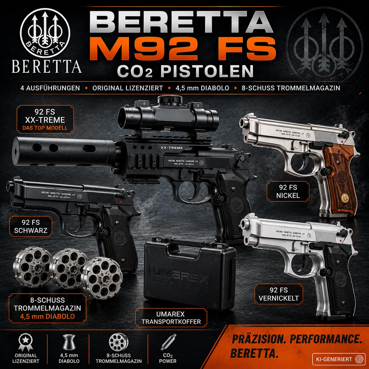 Beretta M92 FS CO2 Pistolen im Kaliber 4,5 mm mit XX-Treme, Schwarz, Nickel, vernickelter Ausführung, 8-Schuss-Trommelmagazin und Umarex Transportkoffer