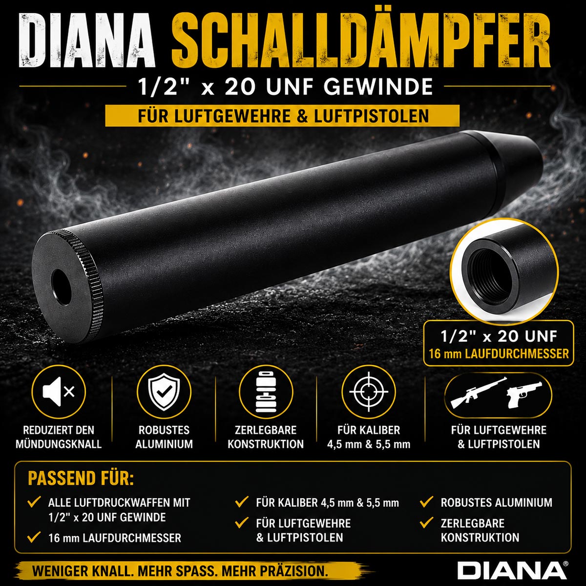 DIANA Schalldämpfer 1/2" x 20 UNF für Luftgewehre und Luftpistolen Kaliber 4,5 mm und 5,5 mm