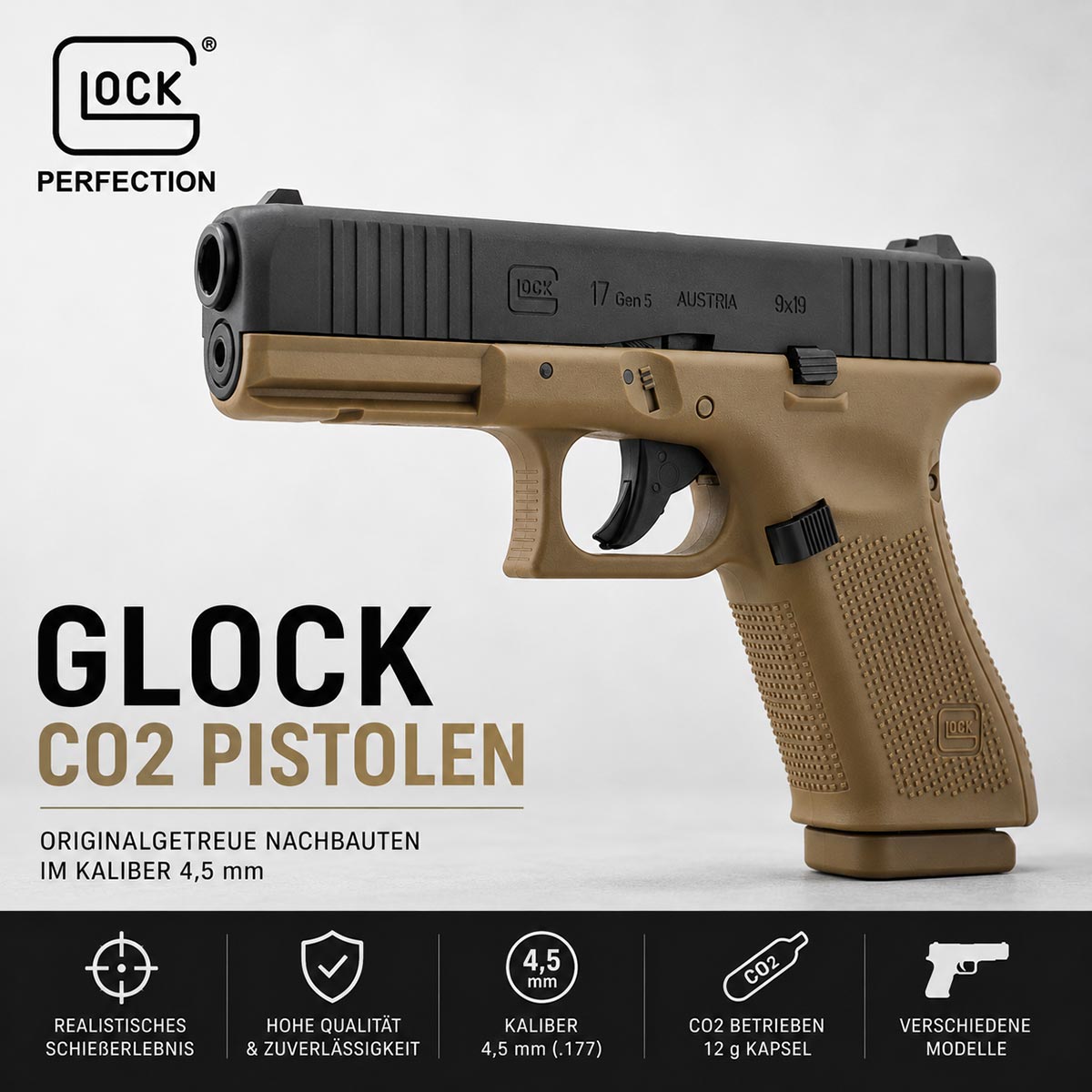 Glock CO2 Pistole Gen5 im Kaliber 4,5 mm Diabolo als originalgetreuer Nachbau