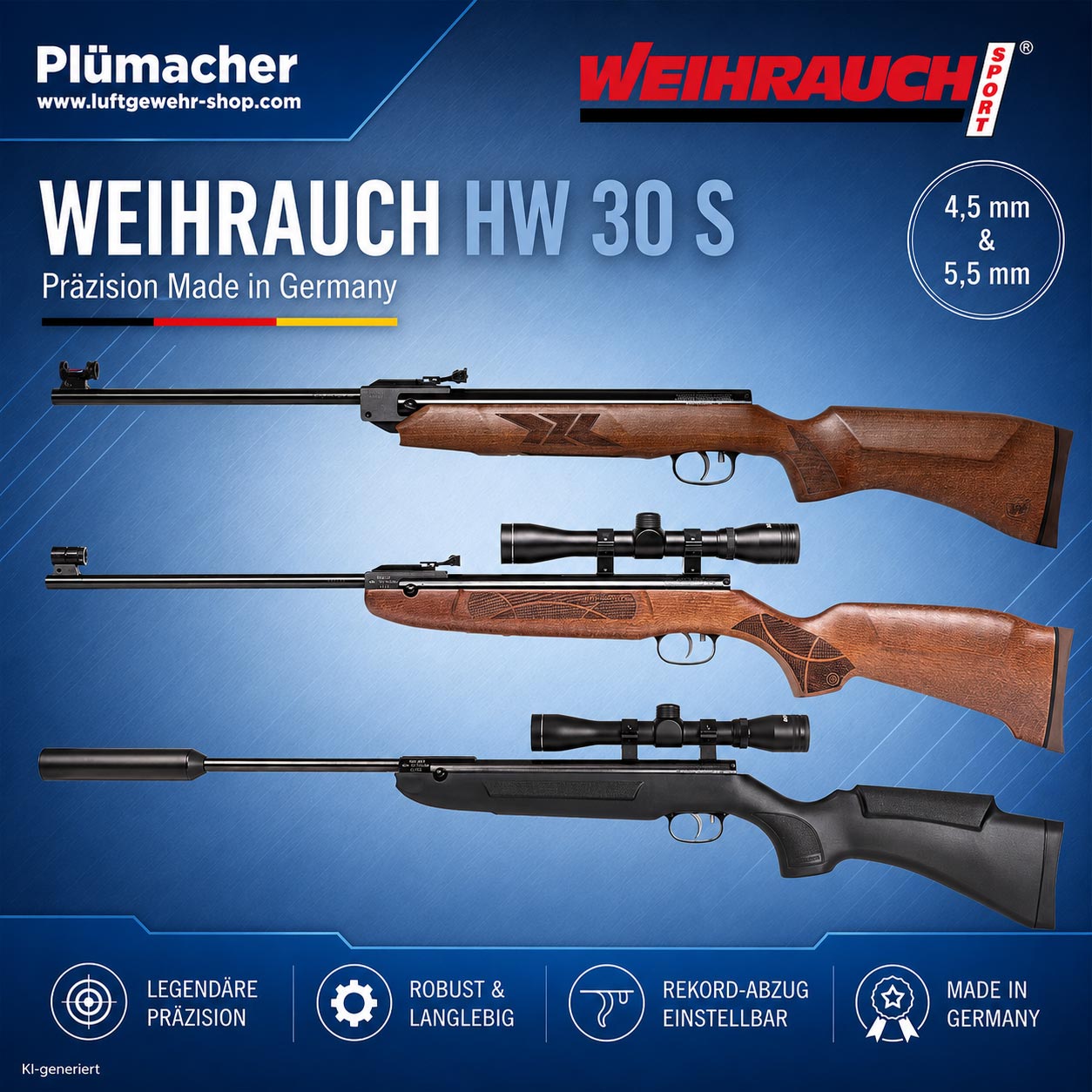 Drei Modelle der Weihrauch HW 30 Serie mit Holzschaft, Allwetterschaft und Junior-Ausführung für präzises Freizeitschießen in 4,5 mm und 5,5 mm
