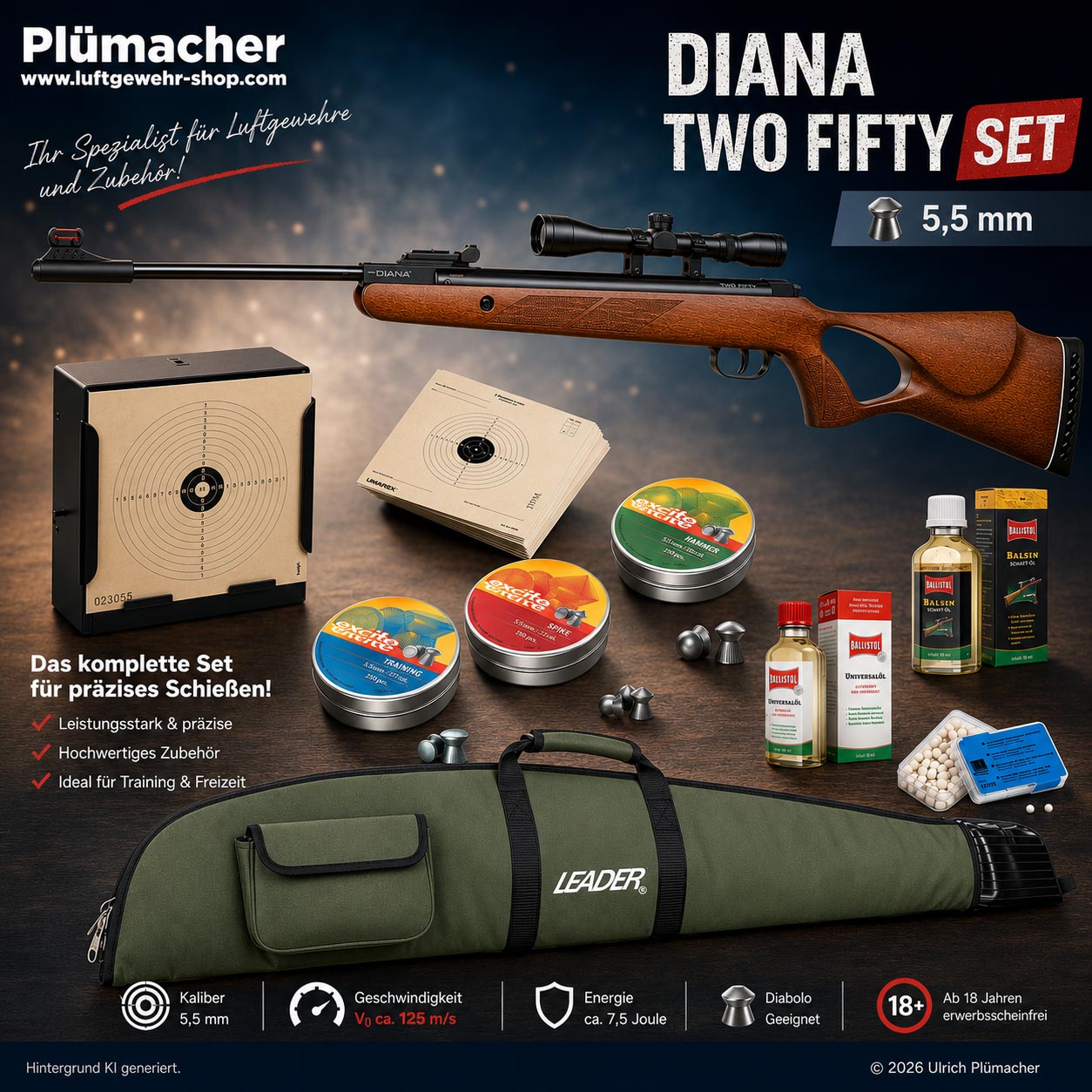 Diana Two-Fifty Luftgewehr Set 5,5 mm mit Zielfernrohr, Waffentasche, Kugelfang, Diabolos und Zubehör