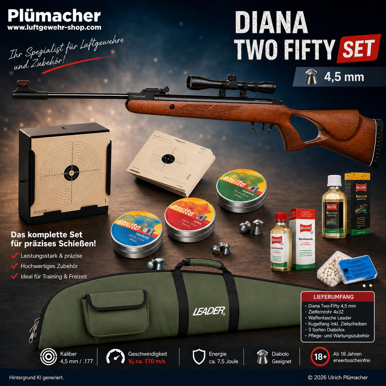 Diana Two Fifty Luftgewehr Set 4,5 mm mit Zielfernrohr, Waffentasche, Kugelfang, Diabolos und Pflegezubehör