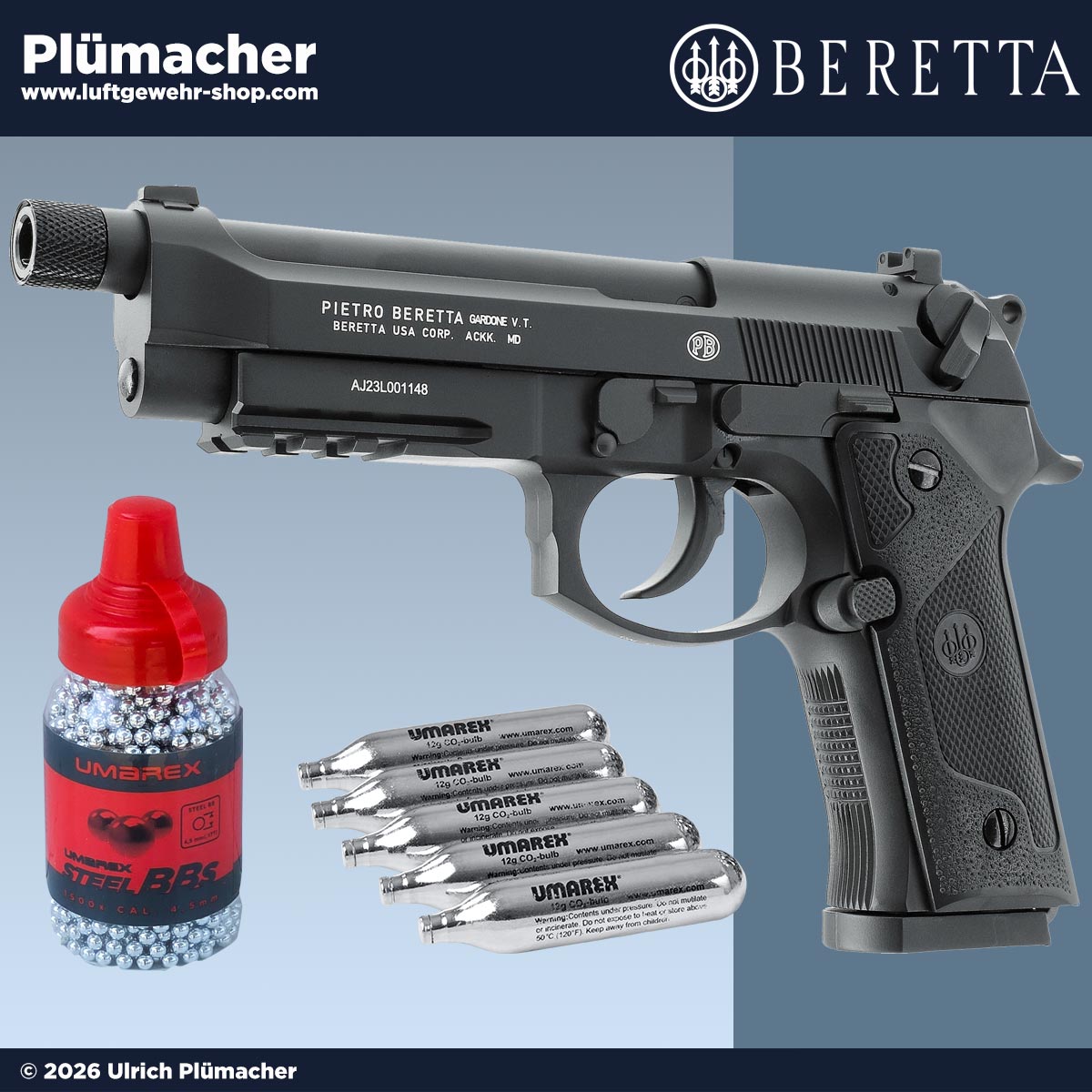 Beretta M9A3 FM CO2 Pistole Starter Set Kaliber 4,5 mm mit Blowback, fünf CO2-Kapseln und 1500 Steel BBs