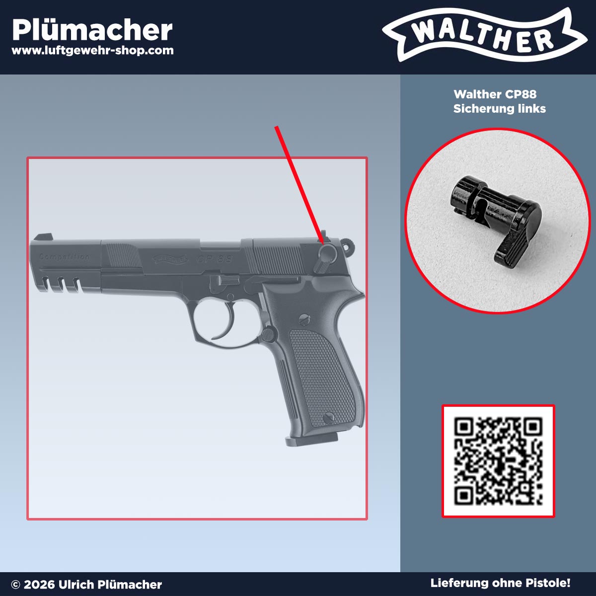 Original Walther CP88 Sicherung links in Schwarz mit der Ersatzteilnummer 416.20.08.0 passend für alle Walther CP88 CO2 Pistolen.