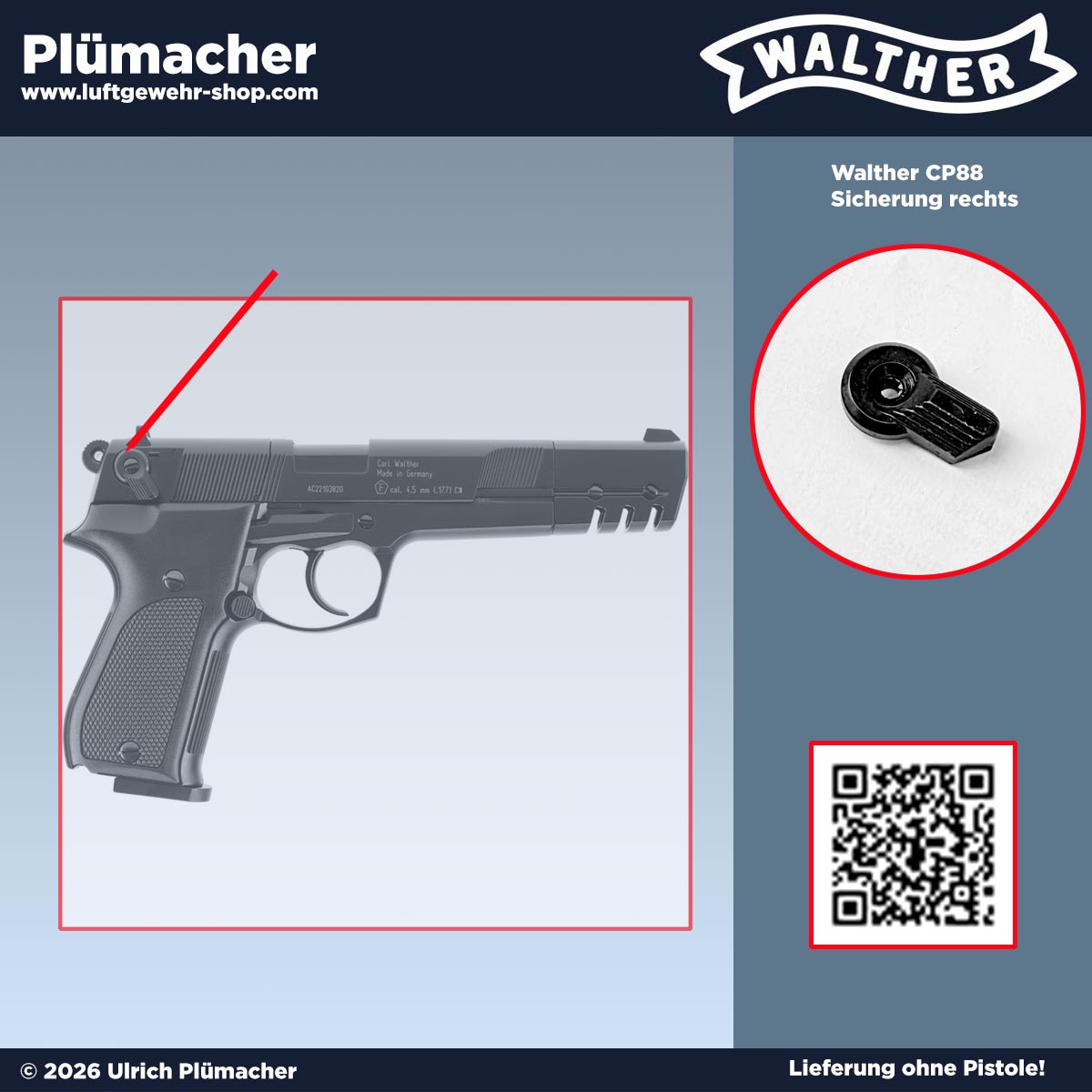 Original Walther CP88 Sicherung rechts in Schwarz mit der Ersatzteilnummer 416.20.36.0 passend für alle Walther CP88 CO2 Pistolen.